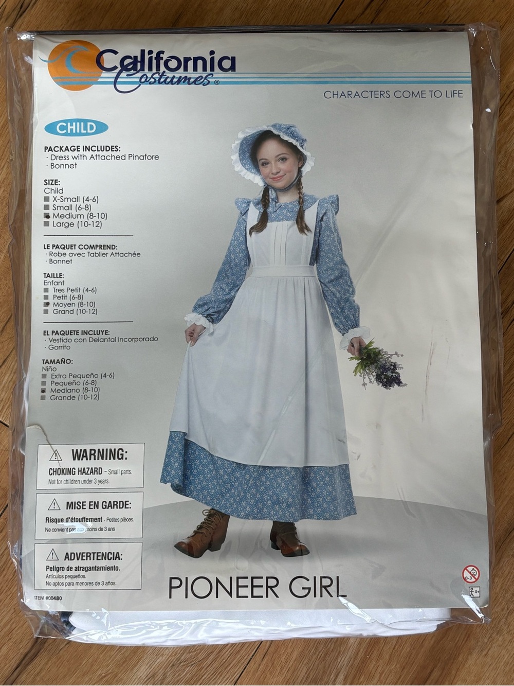 NWT California Costumes Pioneer Girl Dress Bonnet Set Blue Prairie Medium 8-10
